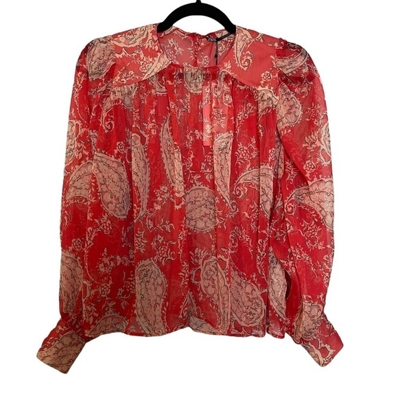 ZARA NWT Sheer Paisley Print Boho Peasant Style Wide Sleeve Button Cuff Crop Top - Picture 1 of 15